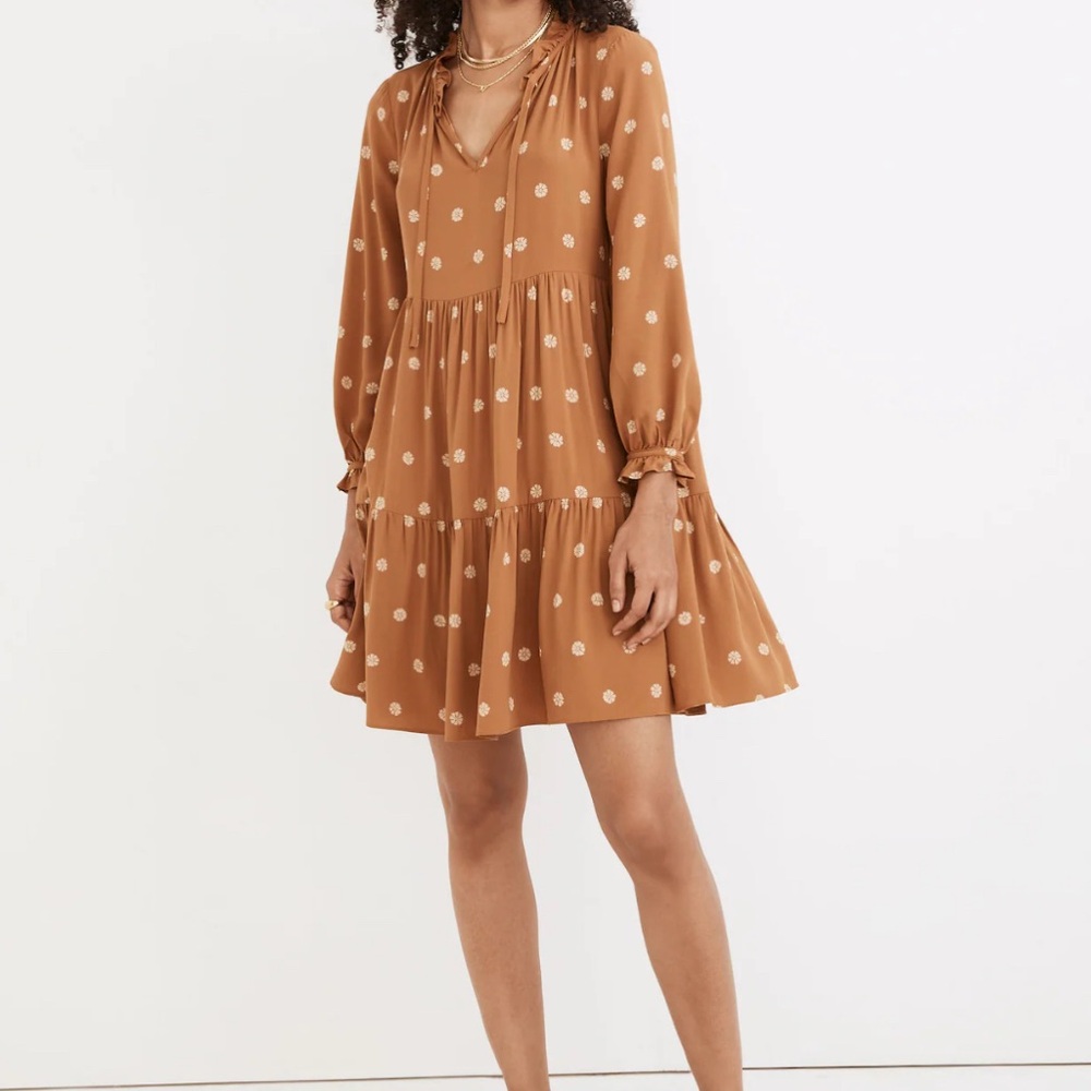 Madewell tie neck tiered mini dress Small